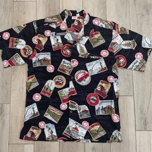 Trader Joe's Hawaiian Aloha Shirt United States Postcard Coconut Buttons Mens Sz